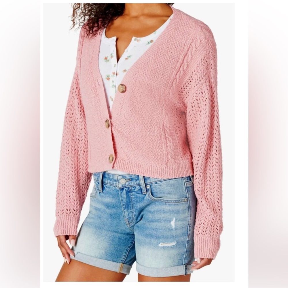 NWT Lucky Brand Balloon Sleeve V Neck Cable Knit Cardigan Sweater